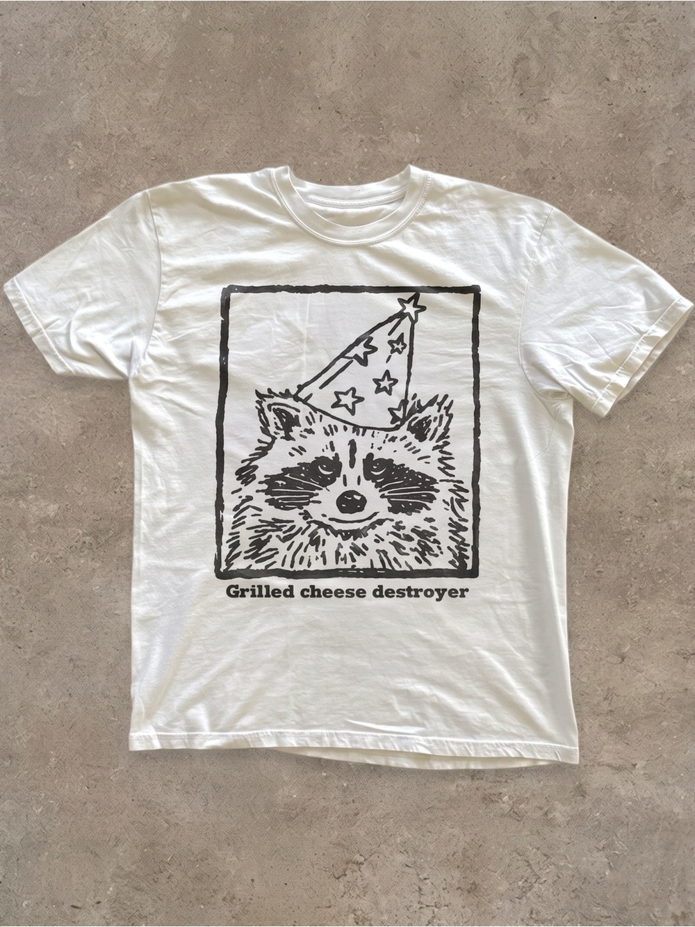 Grilled Cheese Destroyer Raccoon Wizard Hat Funny Meme White Graphic T-Shirt
